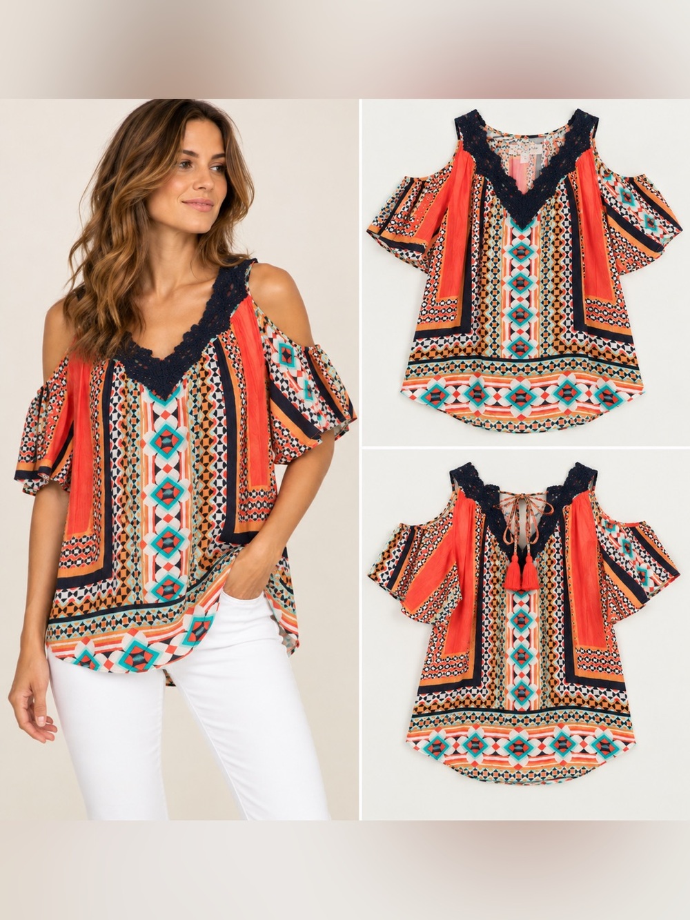 Crown & Ivy XS Boho Geometric Cold Shoulder Crochet Trim Top